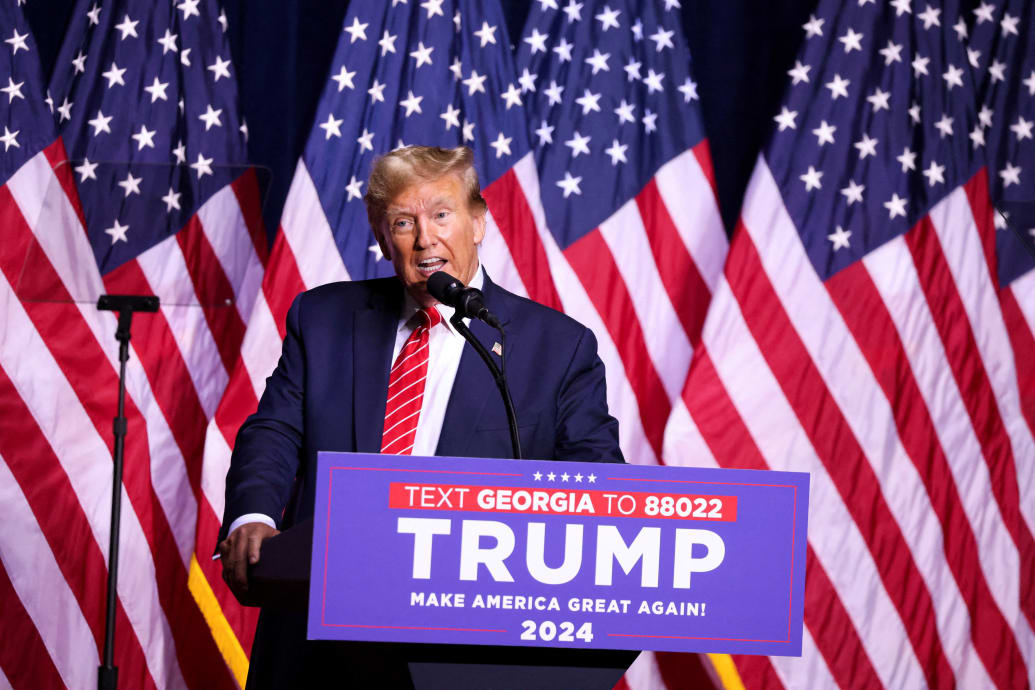 Donald Trump speaks during a campaign rally at the Forum River Center in Rome, Georgia, U.S. March 9, 2024.