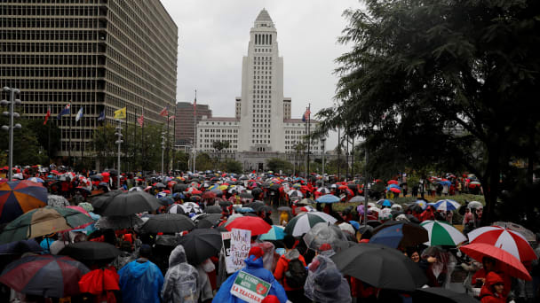 More than 30,000 Los Angeles teachers hold a rally at the City Hall after going on strike, in Los Angeles, California, U.S., January 14, 2019.