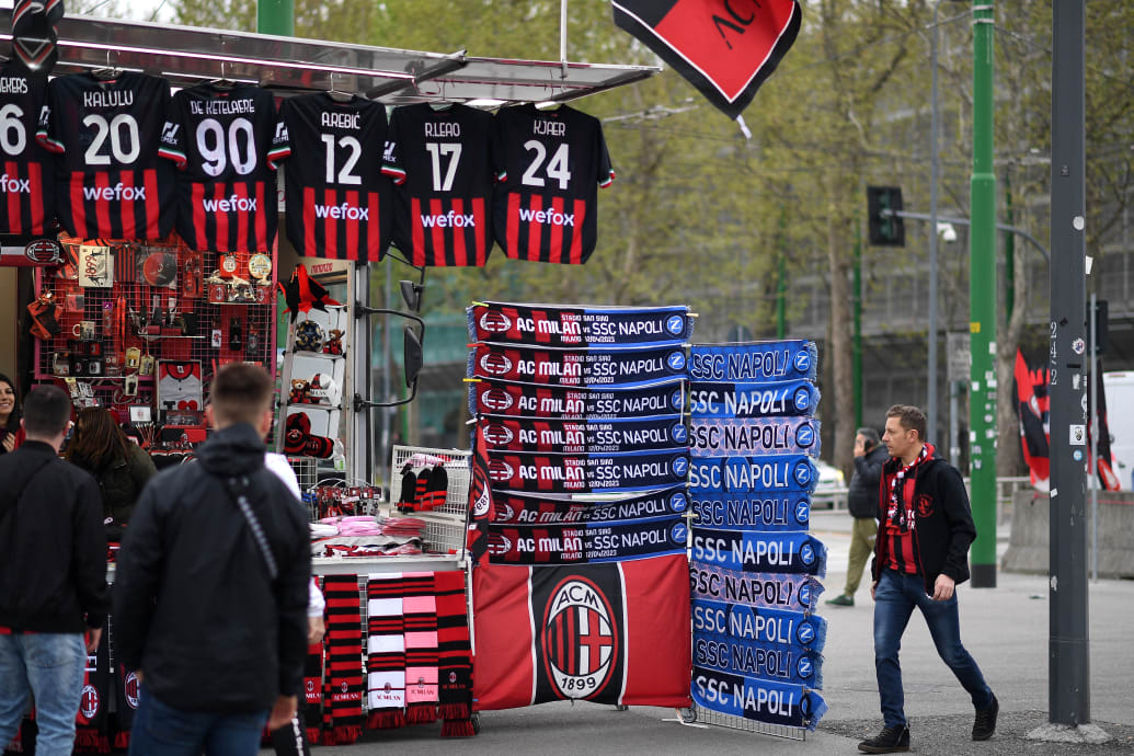 Merchandise for sale outside the AC Milan stadium before a match against Napoli.