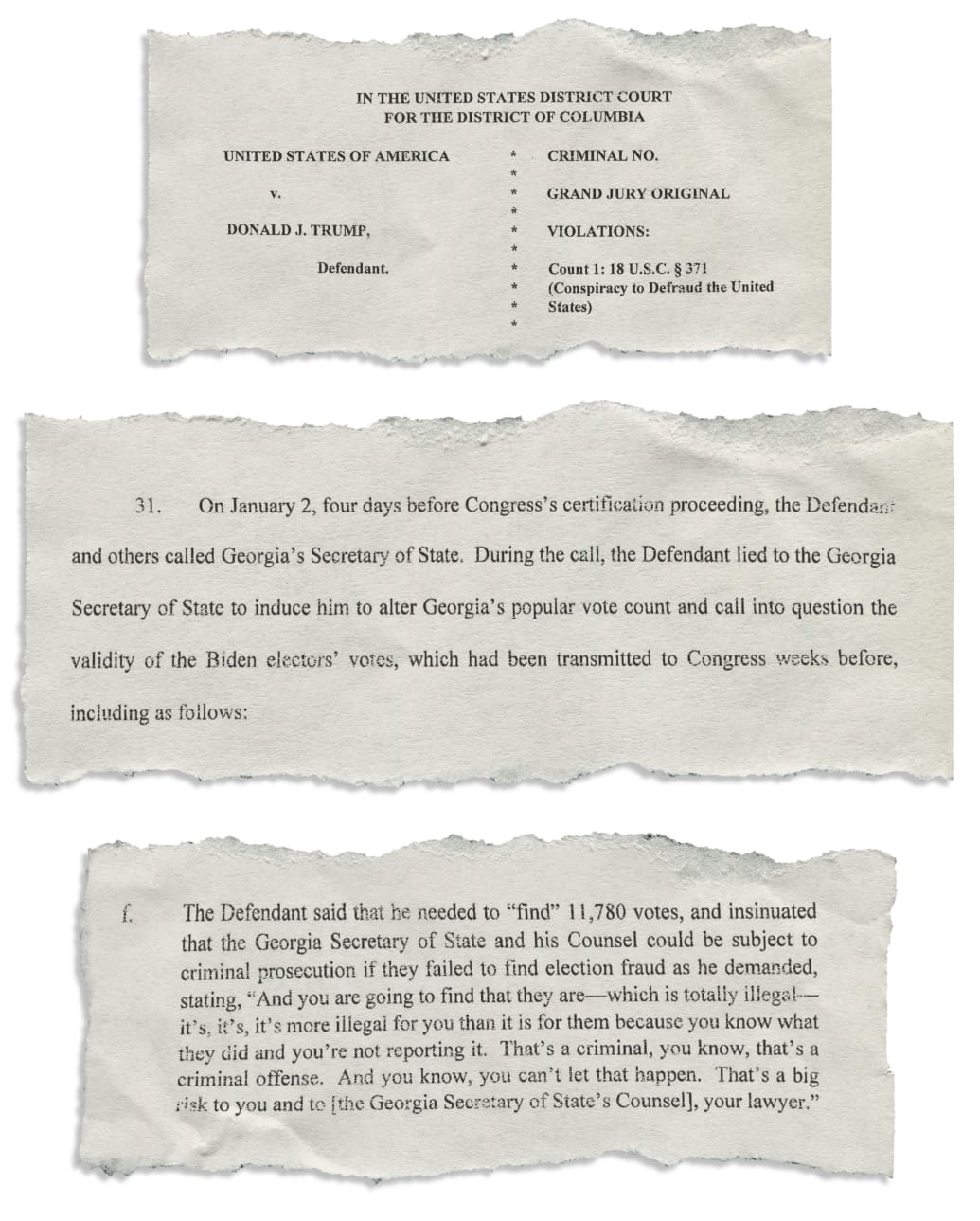 Tear-sheet of snippets of the Jack Smith Federal indictment against President Trump