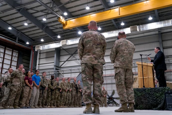 Former Secretary of State Mike Pompeo speaks to coalition forces at Bagram Air Base, where Birchum was stationed on his final overseas deployment.
