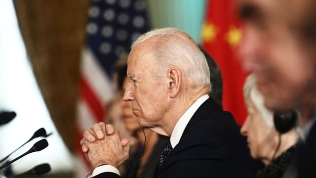 A photograph of US President Joe Biden during a meeting with Chinese President Xi Jinping at the APEC Leader's week in California on November 25, 2023.