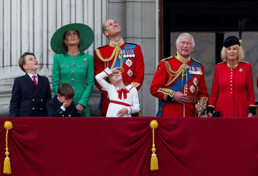 King Charles, Queen Camilla, Prince William, Catherine, Princess of Wales, Prince George, Princess Charlotte and Prince Louis appear on the balcony of Buckingham Palace as part of Trooping the Color parade, June 17, 2023.