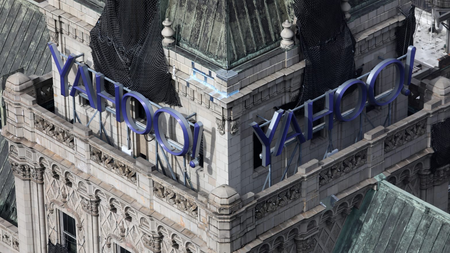 The Yahoo! company logo appears on the old New York Times building,
