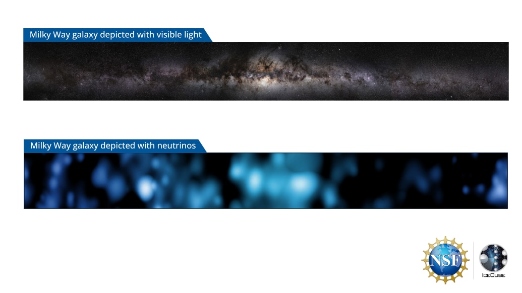Two images of the Milky Way galaxy. The top is captured with visible light and the bottom is the first-ever captured with neutrinos and is blue.