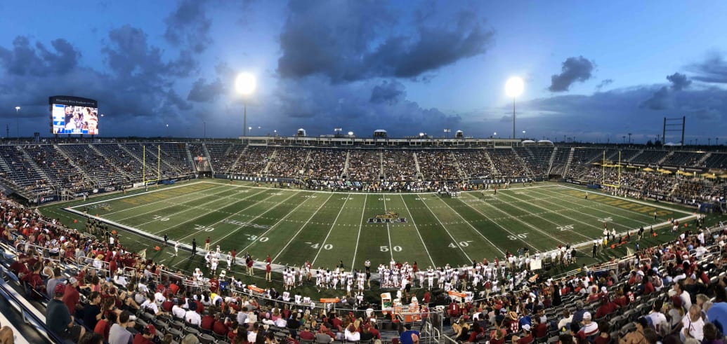 A panoramic view of Riccardo Silva Stadium during an NCAA football game between the Indiana Hoosiers and the FIU Golden Panthers.