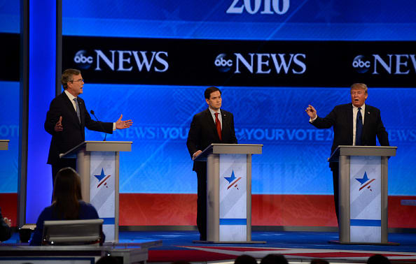 David Muir and Martha Raddatz host the Republican Debate from St. Anselm College in Manchester, NH, Feb. 2016; left to right, Jeb Bush, Marco Rubio, Donald Trump.