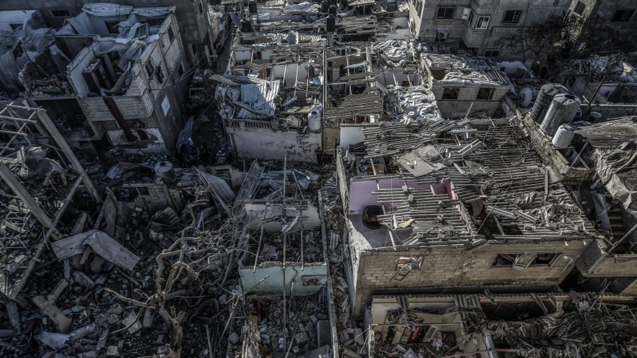 General view of the destruction of Al-Farouq Mosque and other nearby houses caused by the Israeli bombardment, in the Shaboura camp, Feb 22, 2024.