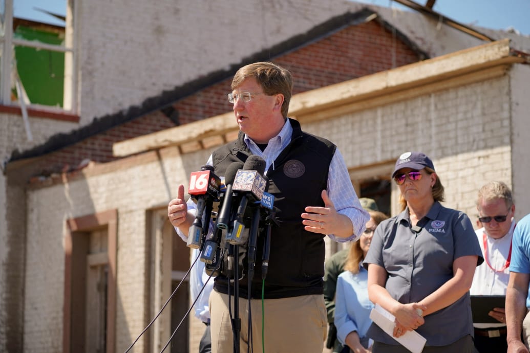 Mississippi Governor Tate Reeves holds a press conference in the town of Rolling Fork after thunderstorms spawning high straight-line winds and tornadoes ripped across the state