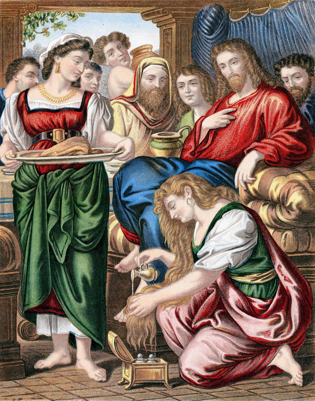 A woman, who Pope Gregory the Great, mistakenly identified as Mary Magdalene anoints the feet of Jesus.
