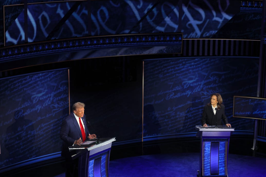 Donald Trump, left, and Kamala Harris attend a presidential debate hosted by ABC in Philadelphia, Pennsylvania, U.S.,  September 10, 2024.