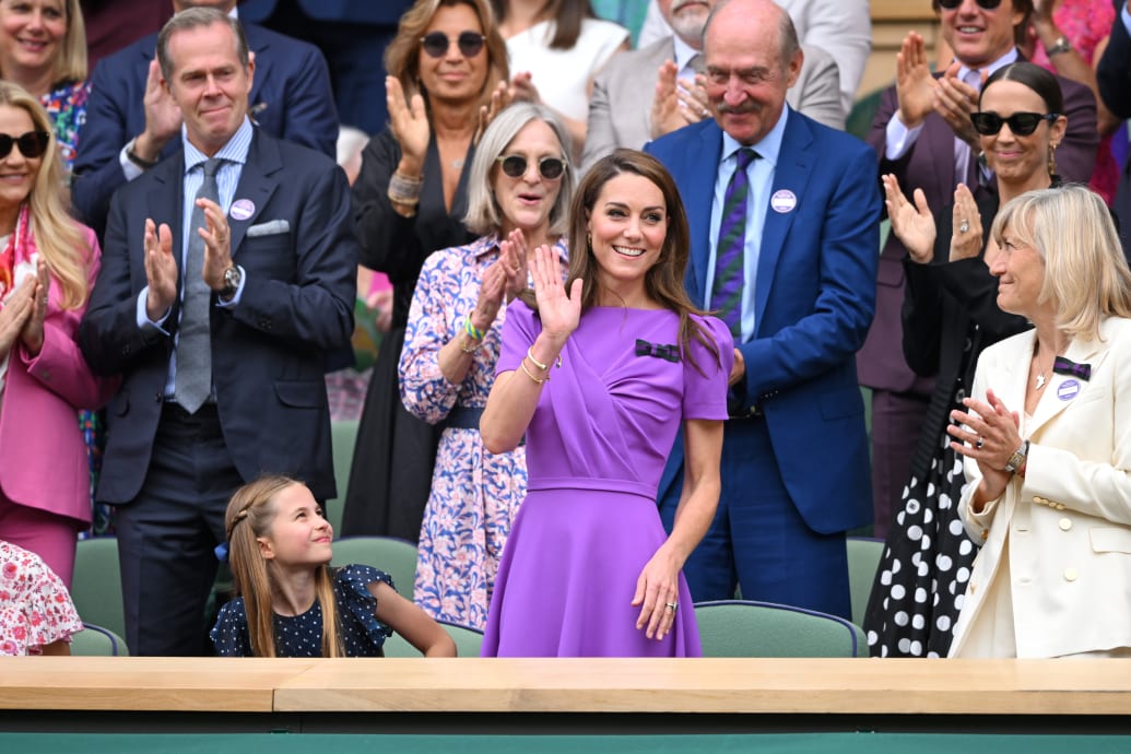 Stefan Edberg, Princess Charlotte of Wales, Marjory Gengler, Catherine, Princess of Wales, Stan Smith, Tom Cruise, Bec Hewitt and Debbie Jevans at Wimbledon July 14, 2024 in London, England.