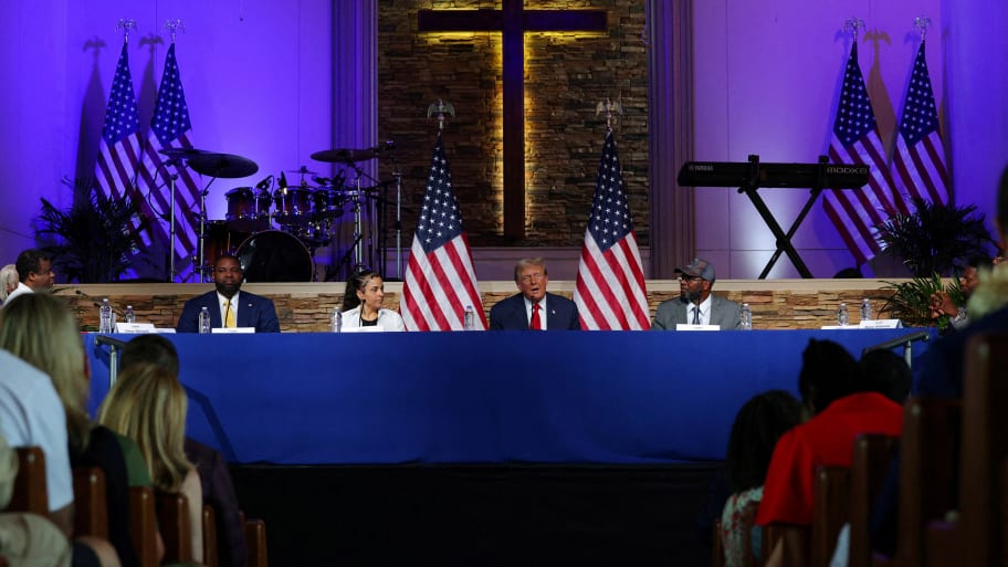 Donald Trump speaks during a campaign community roundtable at 180 Church in Detroit.