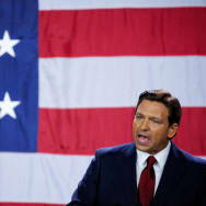 Republican Florida Governor Ron DeSantis speaks as he celebrates onstage during his 2022 U.S. midterm elections night party in Tampa, Florida.