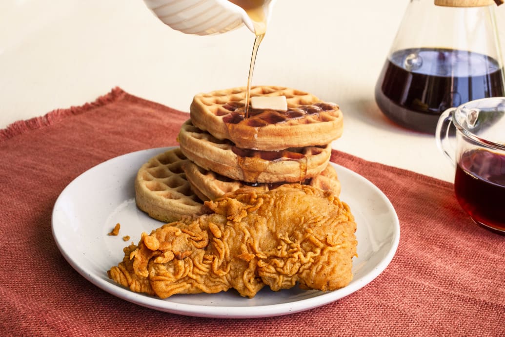 A picture of a faux fried chicken with waffles. 