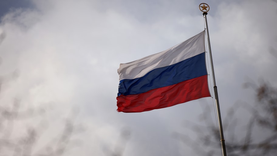 The national flag of Russia flies atop the Russian embassy in Berlin, Germany, April 5, 2022.