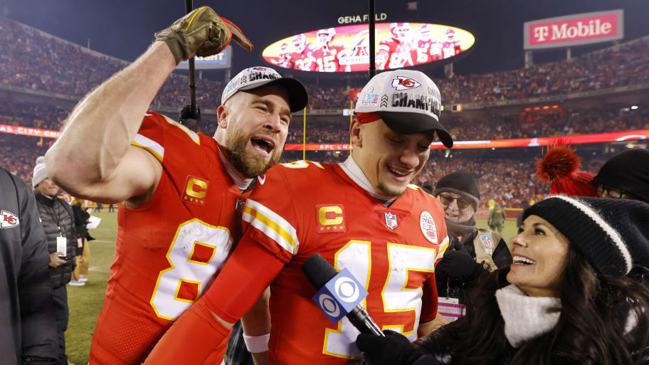Travis Kelce #87 and Patrick Mahomes #15 of the Kansas City Chiefs celebrate after defeating the Cincinnati Bengals 23-20 in the AFC Championship Game.