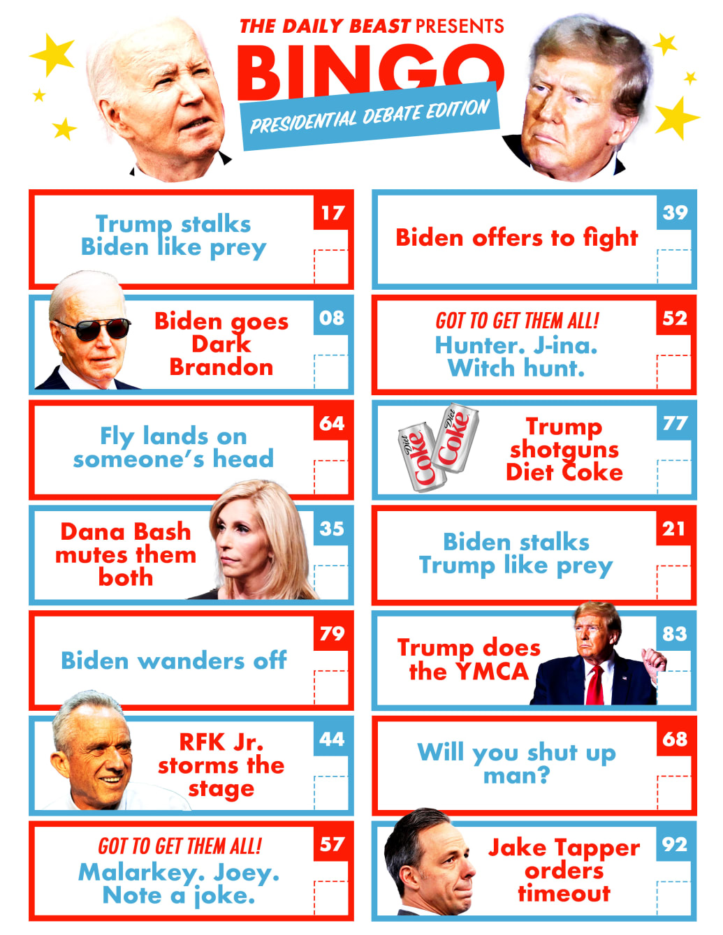Presidential debate bingo card with Joe Biden and Donald Trump