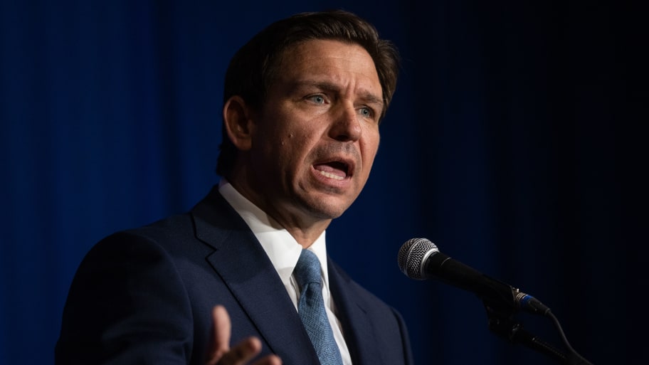 Florida Gov. Ron DeSantis (R-FL) delivers remarks during the New Hampshire GOP’s Amos Tuck Dinner on April 14, 2023, in Manchester, New Hampshire.