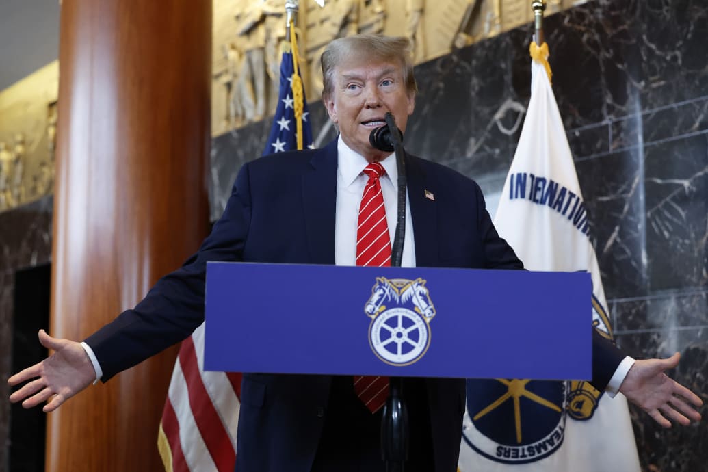 Former President Donald Trump delivers remarks after meeting with leaders of the International Brotherhood of Teamsters.