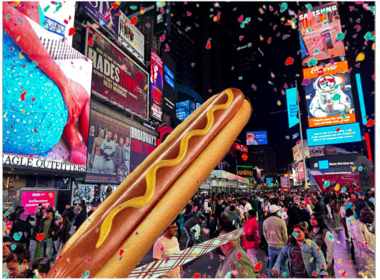Image of a 65-foot long hot dog—the world’s largest!—in Times Square, NYC.