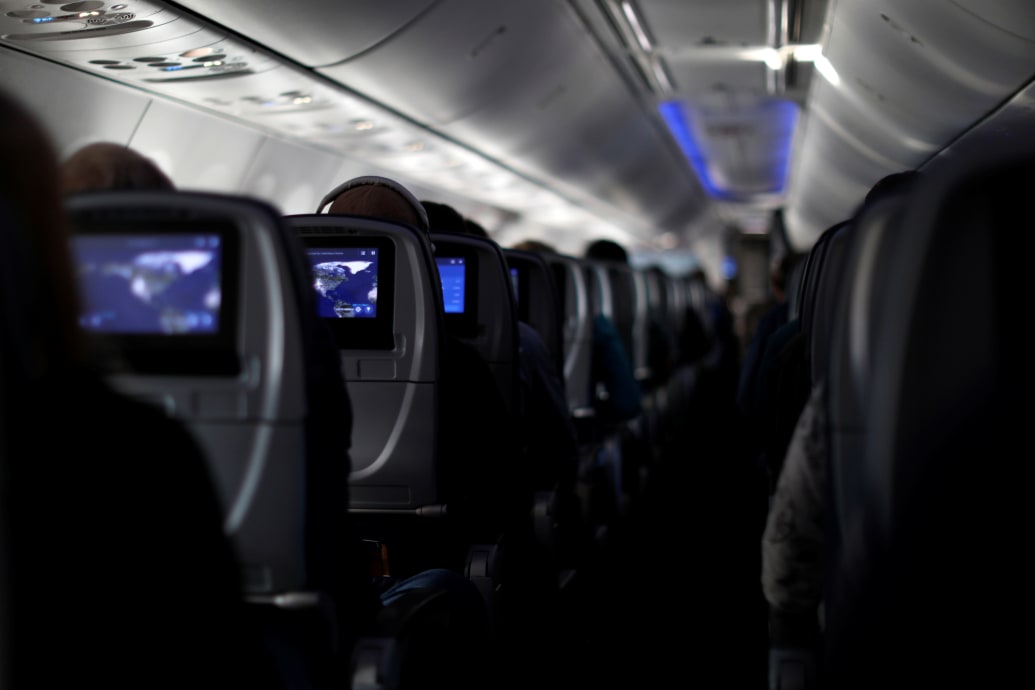 The passenger cabin on a Delta Boeing 737-900ER.