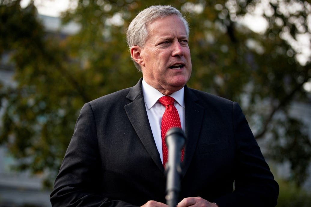 Then-White House Chief of Staff Mark Meadows speaks to reporters outside the White House in Washington, October 21, 2020.