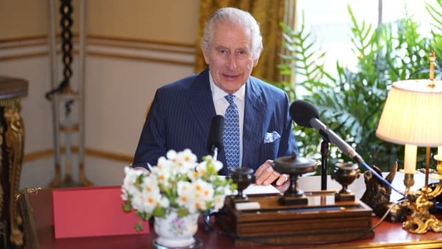 King Charles appears during the recording of his audio message for the Royal Maundy Service, which is to take place at Worcester Cathedral on Thursday.