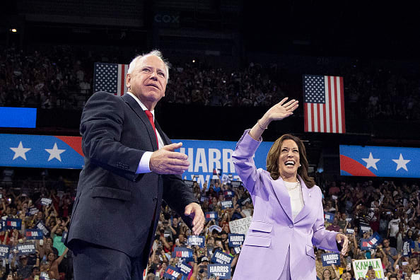 Tim Walz, left, and Kamala Harris, Thomas and Mack Center, University of Nevada in Las Vegas, Nevada, on August 10, 2024.