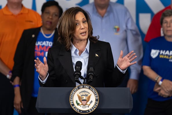 Kamala Harris speaks to union workers during a campaign event on September 02, 2024 at Northwestern High School in Detroit, Michigan.