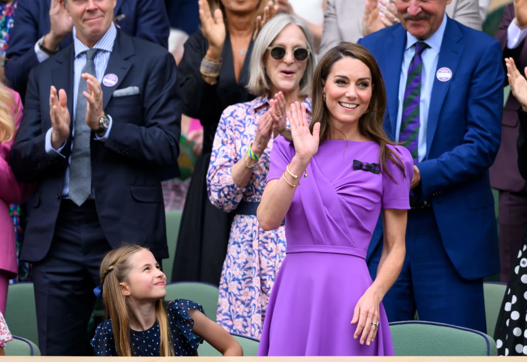 Princess Charlotte of Wales and Catherine, Princess of Wales court-side of Centre Court during the men's final on day fourteen of the Wimbledon Tennis Championships.