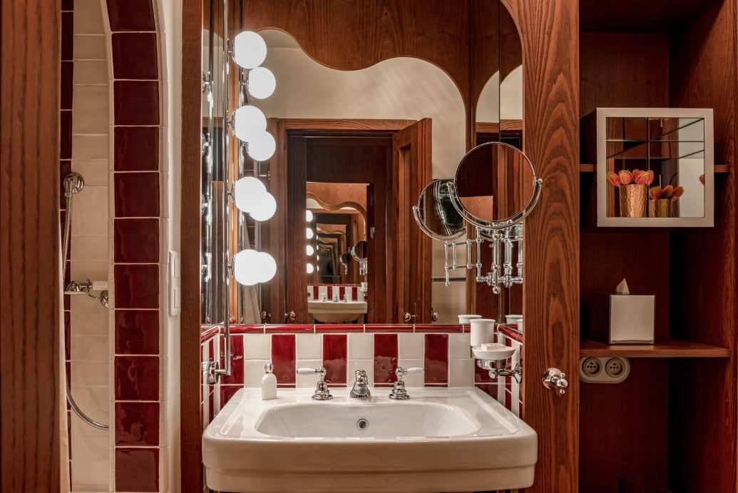 The bathroom inside one of the rooms at the Chateau des Fleurs in Paris.