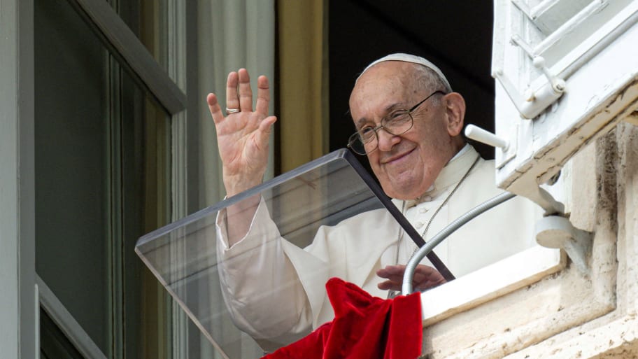 Pope Francis leads the Angelus prayer from his window at the Vatican, August 27, 2023. 