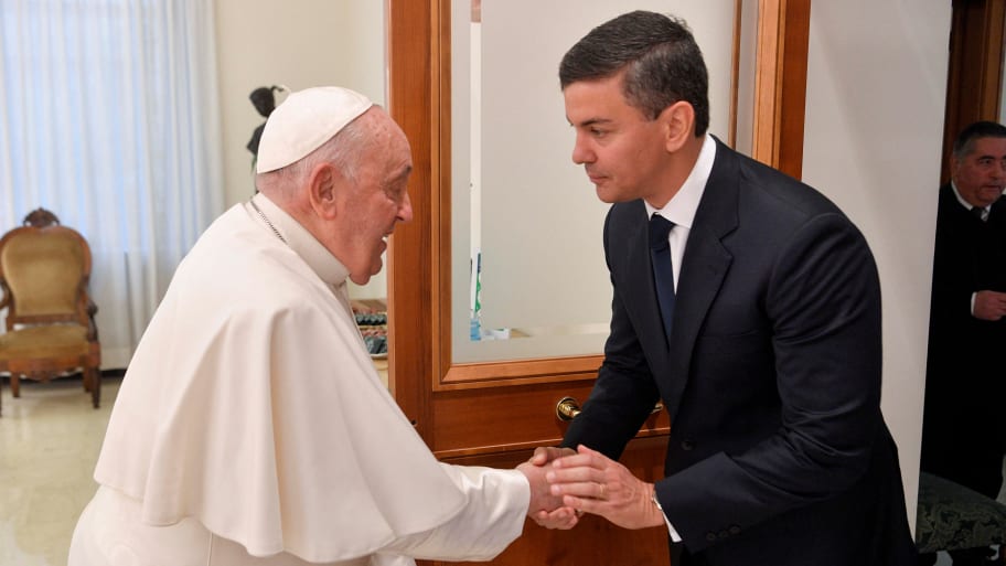 Pope Francis meets with Paraguay’s President Santiago Pena at the Vatican on Nov. 27, 2023.