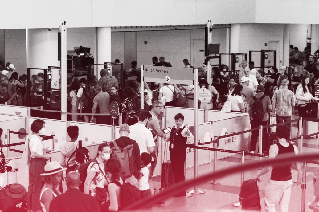 A  photo illustration showing a security line at a U.S. airport.