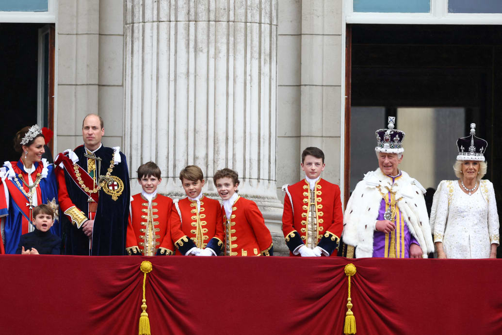 Prince William, Catherine, Princess of Wales, and their children Prince Louis and Prince George and Britain's King Charles stand on the Buckingham Palace balcony following Britain's King Charles' coronation ceremony in London, Britain May 6, 2023.