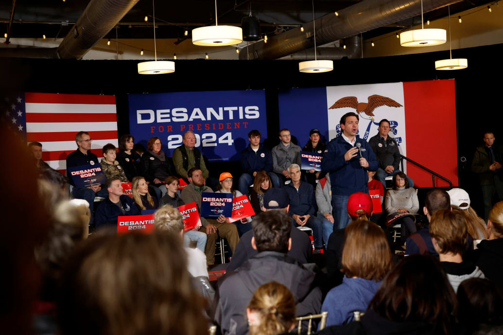Republican presidential candidate Ron DeSantis speaks at a campaign event ahead of the Iowa caucus