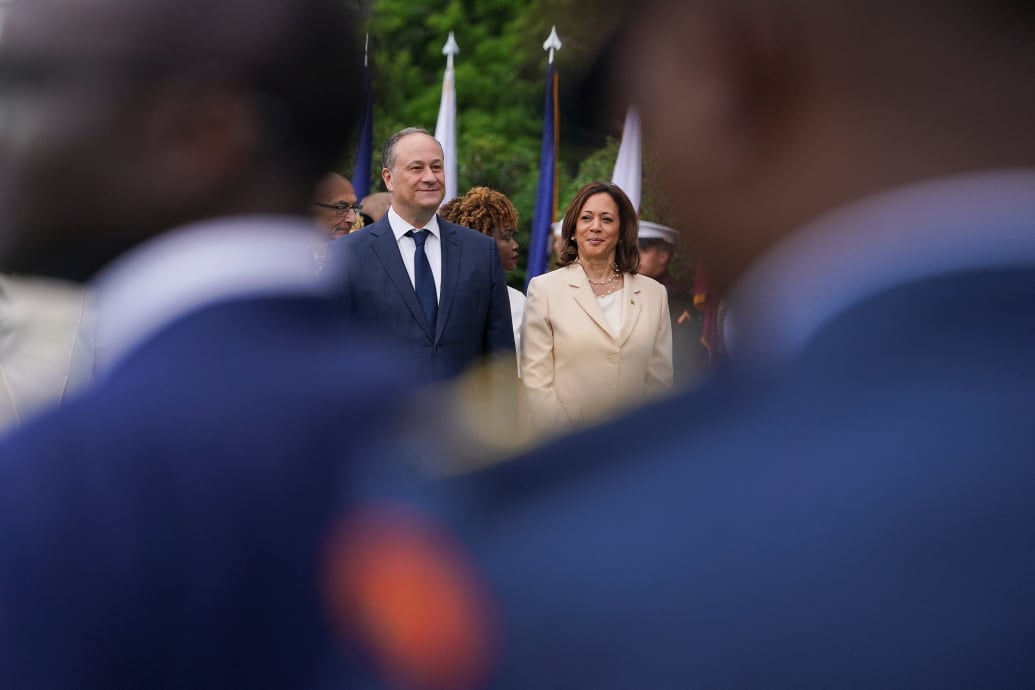 U.S. Vice President Kamala Harris and second gentleman Doug Emhoff attend an arrival ceremony for Kenyan President William Ruto at the White House in Washington, D.C. on May 23, 2024