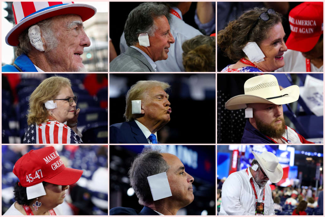 A combination image shows Republican presidential nominee and former U.S. President Donald Trump with a bandaged ear, and supporters and attendees wearing bandages over their ears in tribute at the RNC in Milwaukee, Wisconsin.