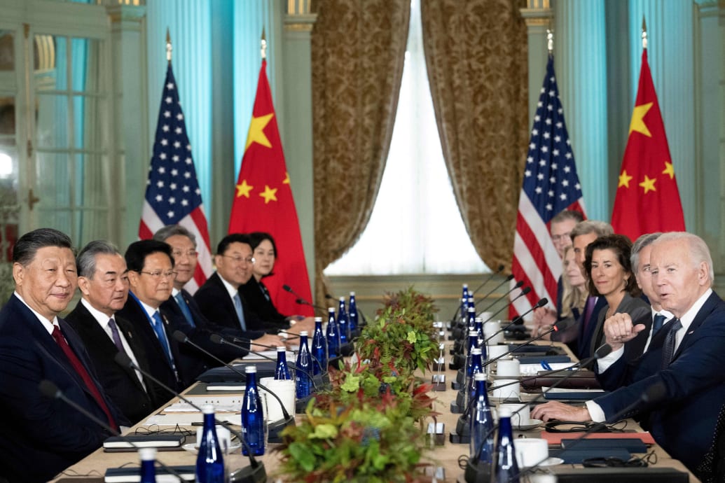 A photograph of US President Joe Biden (R) meeting with Chinese President Xi Jinping (L) during the Asia-Pacific Economic Cooperation (APEC) Leaders' week.