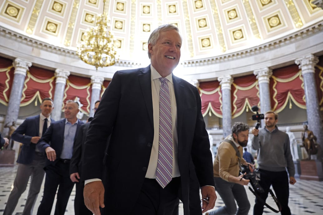 Former Trump White House Chief of Staff Mark Meadows leads a private tour through Statuary Hall at the U.S. Capitol on October 10, 2023.