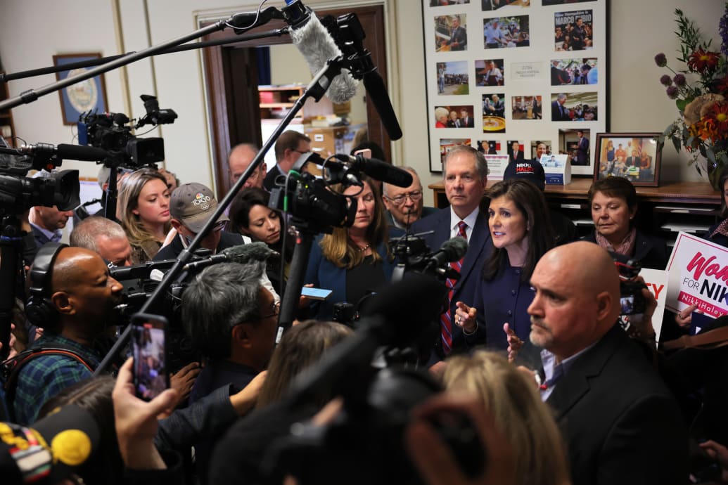 Republican presidential candidate Nikki Haley answers reporters questions