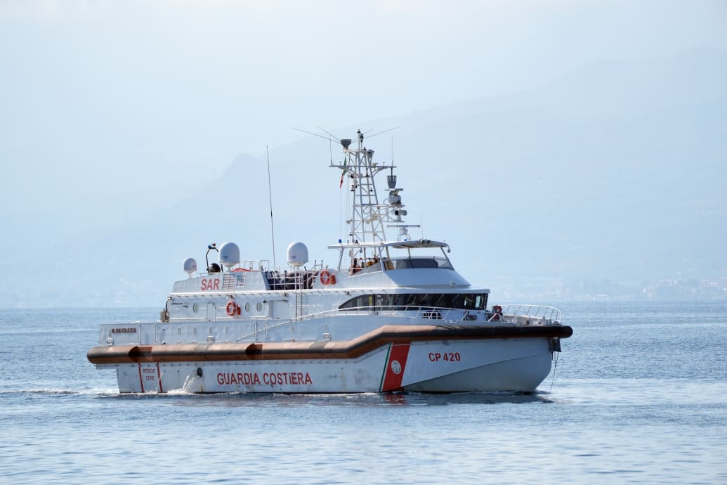 An Italian coastguard boat on the water on the fifth day of the search and recovery operation after the luxury yacht Bayesian sank.