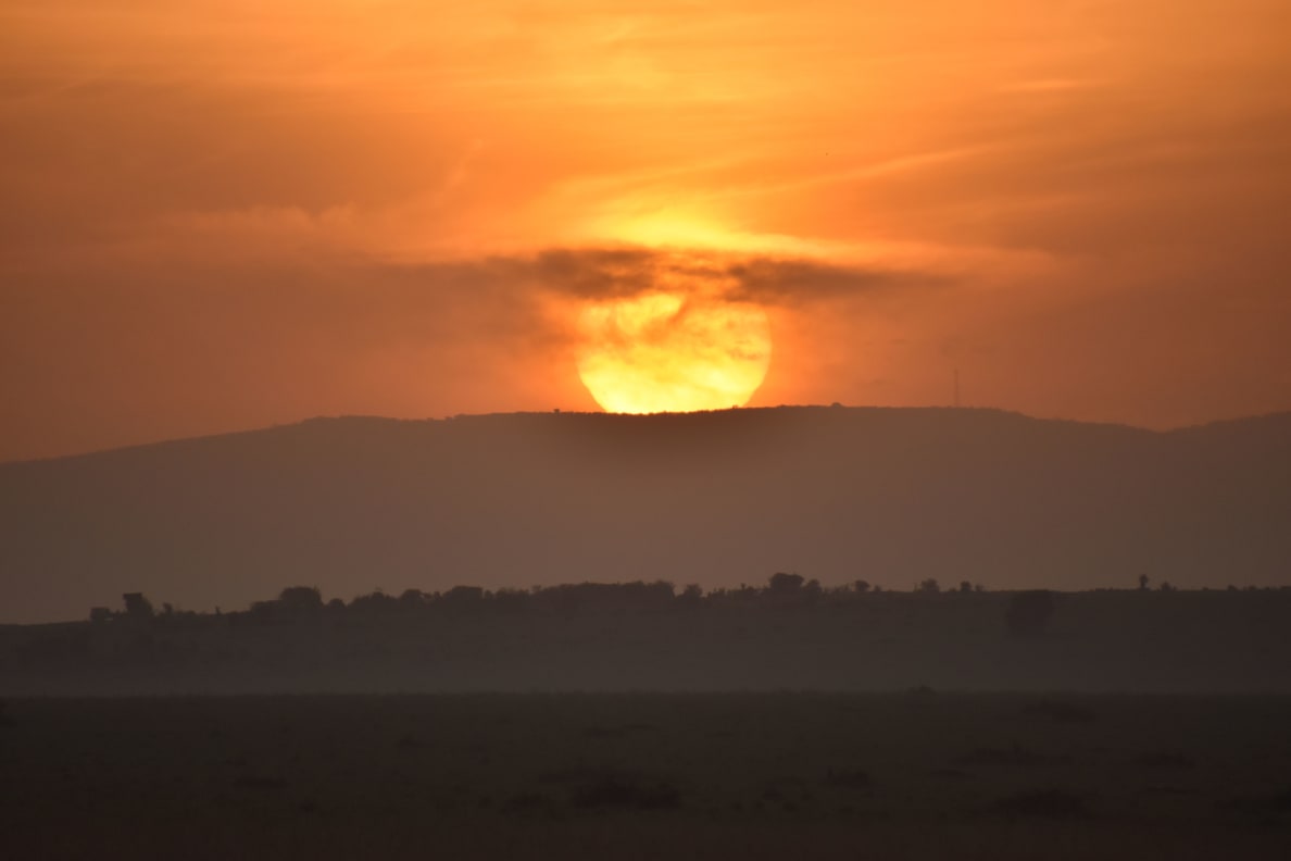 A photograph of the sunrise in the Mara Naboisho Conservancy, Kenya.