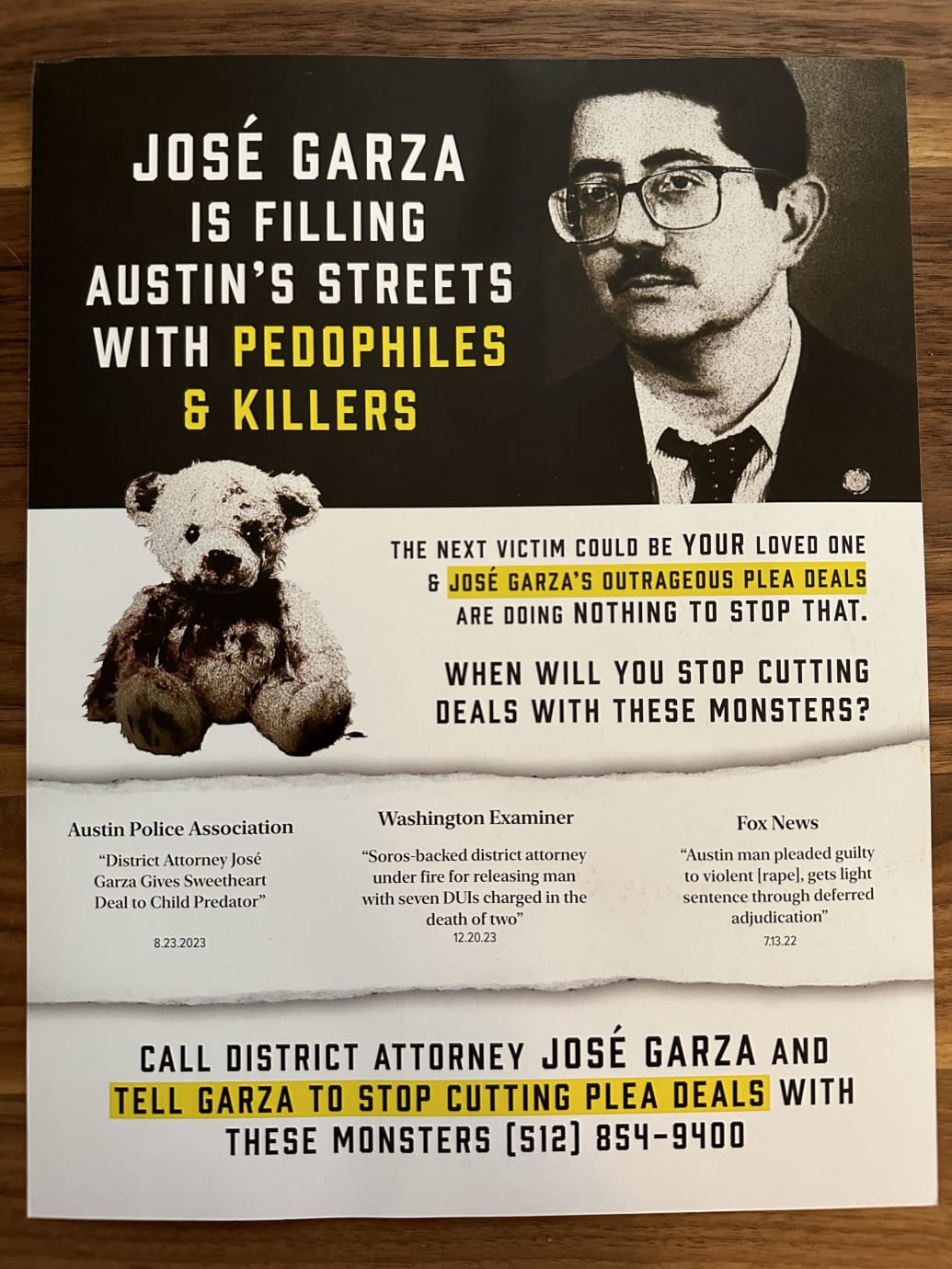 A flyer put out by an Elon Musk-backed group attacks Democratic District Attorney José Garza.