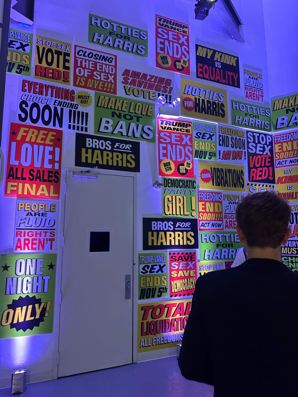 The “Hotties for Harris” party’s pop art wall.