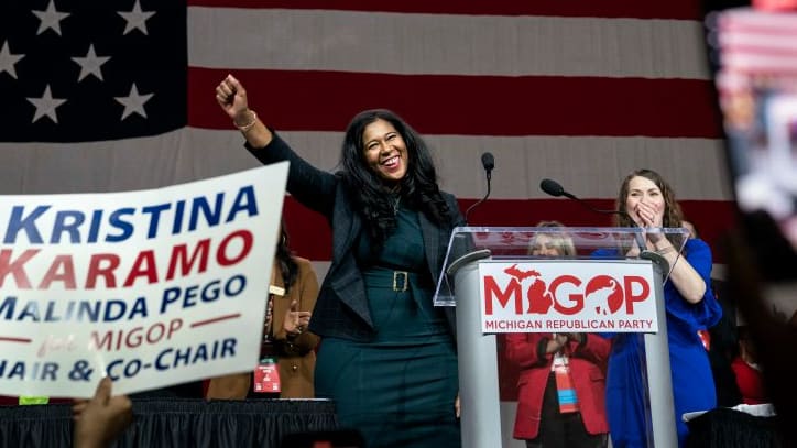 Kristina Karamo addresses the crowd after the final votes were tallied at the Michigan Republican Convention