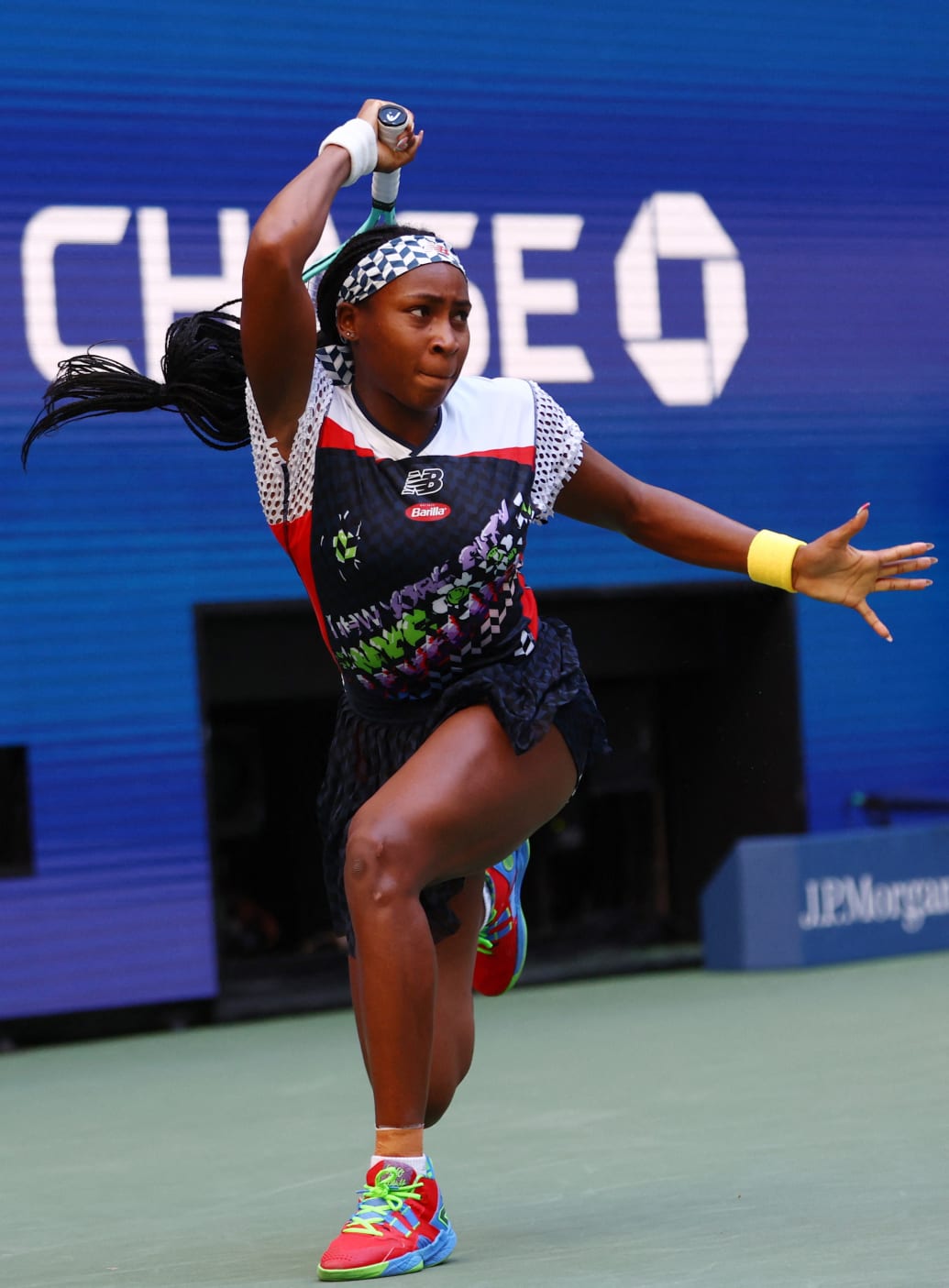 Photograph of Coco Gauff playing in the 2022 US Open.