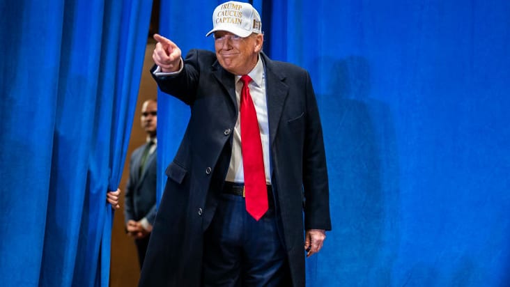 Republican presidential candidate former president Donald Trump walks out to speak at a campaign rally held at Simpson College in Indianola, Iowa on Sunday, January 14, 2023. 
