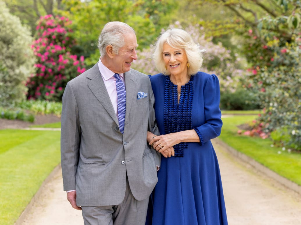 King Charles and Queen Camilla appear in Buckingham Palace Gardens the day after their 19th wedding anniversary, in London, Britain, April 10, 2024, in this handout picture released by the Buckingham Palace on April 26, 2024.
